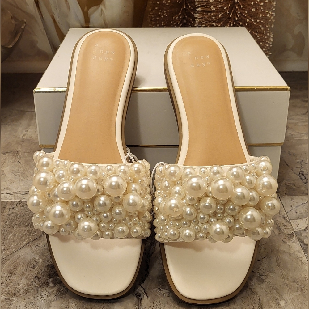 A Dew Day, Pearl Embellished Cream Sandals - Picture 2 of 9